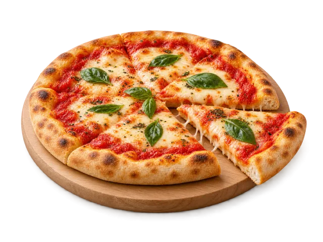 Pizza z serem, pomidorami i bazylią na desce, z oddzielonym kawałkiem